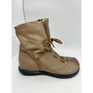 Hin Rui Vintage Sz 8 Tan Soft Brown Leather Ankle Boots Rope Laces Side Zip
